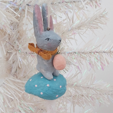Cargar imagen en el visor de la galería, Spun cotton grey Easter bunny sitting on mushroom. Pic 1 of 8.
