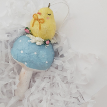 Load image into Gallery viewer, Spun cotton chick ornament, laying in gift box with white shredded tissue paper. Pic 6 of 6.
