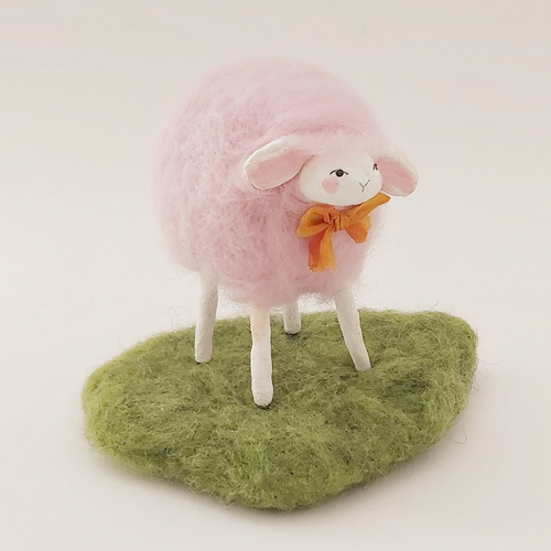 Needle Felted Pink Sheep Ornament, standing on green felted grass. Pic 1 of 8. 