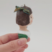 Load image into Gallery viewer, Opposite side view of spun cotton girl ornament. Pic 8 of 11.
