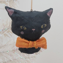Cargar imagen en el visor de la galería, Spun cotton black cat ornament, hanging from tree. Pic 1 of 6.

