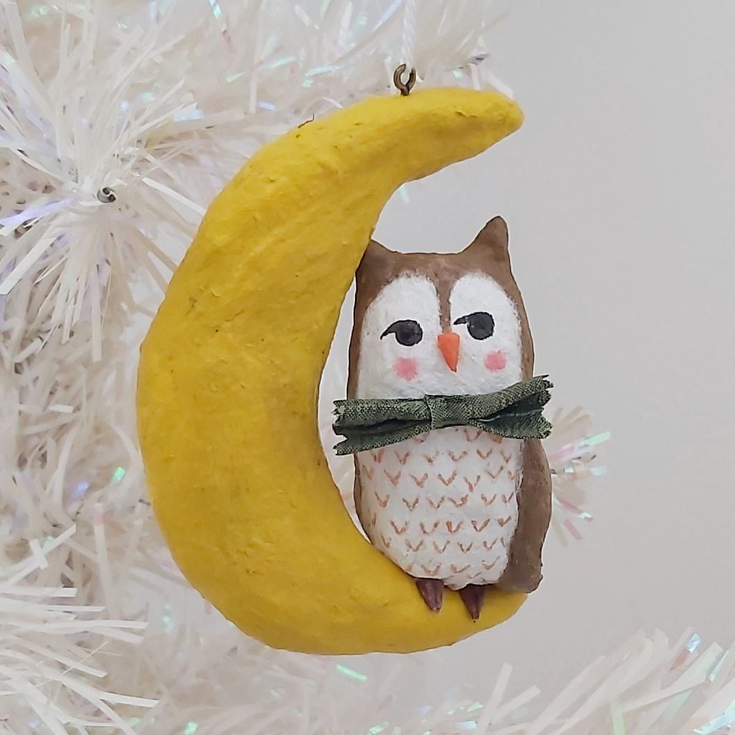 Spun Cotton Owl on Moon Ornament