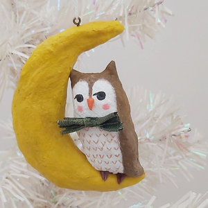 Spun Cotton Owl on Moon Ornament