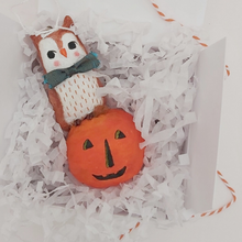 Cargar imagen en el visor de la galería, Spun cotton owl ornament lying in gift box with white shredded tissue paper. Pic 7 of 8.
