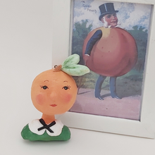 Load image into Gallery viewer, Spun cotton peach girl sitting next to Victorian anthropomorphic peach man illustration. Pic 9 of 9.
