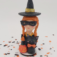 Load image into Gallery viewer, Spun cotton girl witch sculpture with black cat and jack-o-lantern. Pic 1 of 6.
