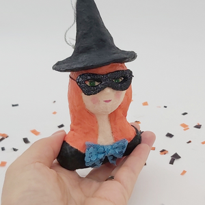 Spun cotton witch girl ornament, held in hand. Pic 3 of 5. 