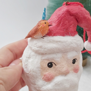 Vintage Inspired Spun Cotton Santa Ornament with Robin