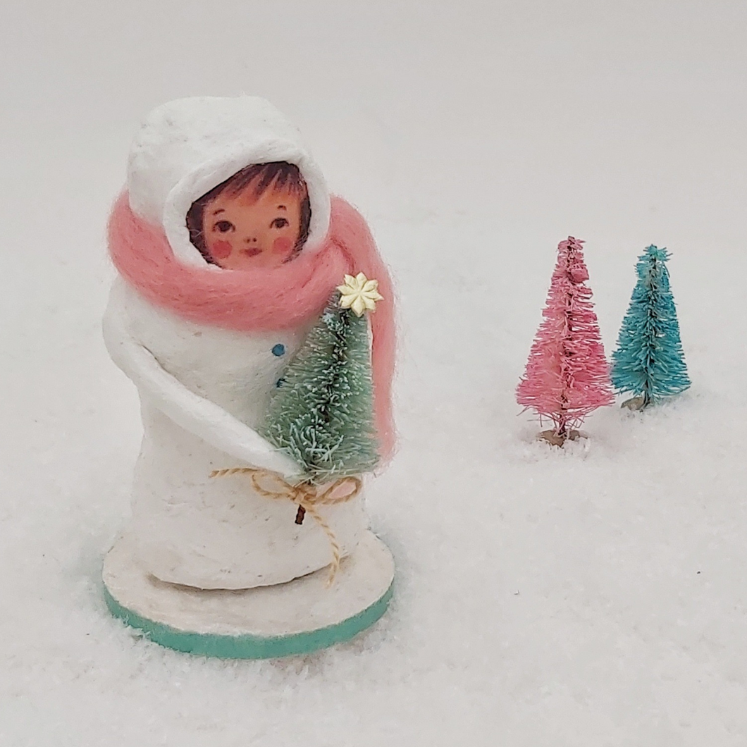 Spun Cotton Snow Girl holding Christmas tree. Pic 1 of 7.
