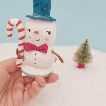 Load image into Gallery viewer, spun cotton snowman, held in hand for size comparison. Pic 2 of 8. 
