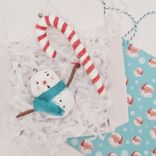Load image into Gallery viewer, Spun cotton snowman and candy cane ornaments, laying in white gift box with white tissue shredding. Pic 5 of 6.
