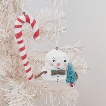 Cargar imagen en el visor de la galería, Spun cotton candy cane and snowman ornaments, hanging from white Christmas tree. Pic 4 of 7. 
