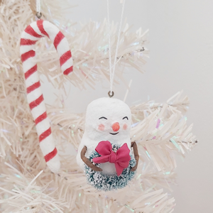 Spun cotton snowman and spun cotton candy cane ornaments, hanging from white Christmas tree. Pic 3 of 7. 