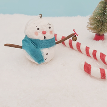 Load image into Gallery viewer, Spun cotton snowman holding jingle bell, sitting next to spun cotton candy ornament. Pic 1 of 6.
