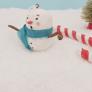 Side view of spun cotton snowman ornament. Pic 4 of 6. 