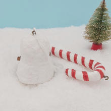 Load image into Gallery viewer, Back view of spun cotton snowman ornament and spun cotton candy cane. Pic 7 of 7. 
