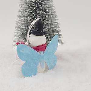 Back view of spun cotton snowman butterfly ornament. Pic 5 of 5. 