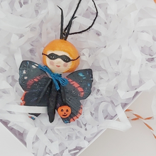 Load image into Gallery viewer, Spun cotton Halloween butterfly ornament in gift box surrounded by white tissue shredding. Pic 3 of 5.
