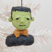 Load image into Gallery viewer, Spun cotton Frankenstein ornament hanging on tree. Pic 3 of 9.
