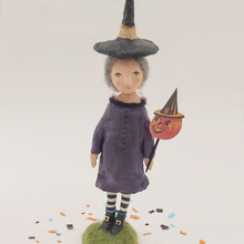 Load image into Gallery viewer, Spun cotton witch sculpture standing on wool base. Pic 1 of 11.

