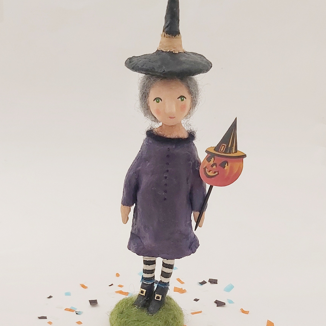 Spun cotton witch sculpture standing on wool base. Pic 1 of 11.