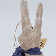 Load image into Gallery viewer, Close up of deliberate wear on the ear of a vintage style spun cotton Easter bunny. Pic 4 of 9.
