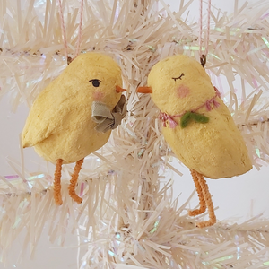 Spun cotton Easter chick ornaments, hanging on white tree. Pic 6 of 7. 