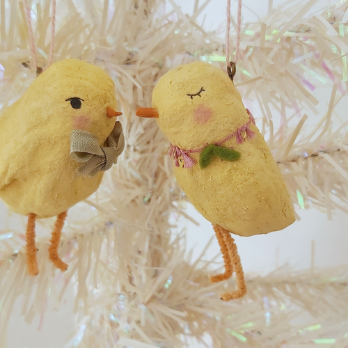 Spun cotton vintage style chick ornaments, hanging on white tree. Pic 1 of 7.