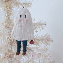 Load image into Gallery viewer, Spun cotton ghost boy ornament, hanging from white tree. Pic 3 of 6. 
