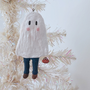 Spun cotton ghost boy ornament, hanging from white tree. Pic 3 of 6. 