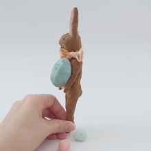 Cargar imagen en el visor de la galería, Another side view of spun cotton chocolate brown Easter bunny. Pic 8 of 8.
