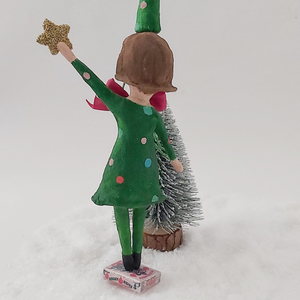 Back view of spun cotton Christmas tree girl ornament. Pic 6 of 8.