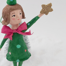 Load image into Gallery viewer, Close up of spun cotton vintage inspired Christmas tree girl ornament. Pic 1 of 8.
