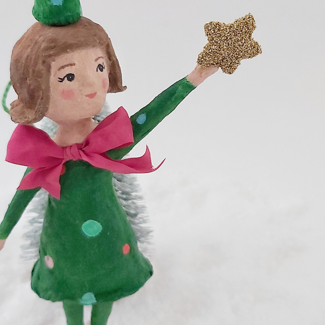 Close up of spun cotton vintage inspired Christmas tree girl ornament. Pic 1 of 8.