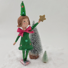 Load image into Gallery viewer, Full body pic of spun cotton Christmas tree girl ornament. Pic 5 of 8.
