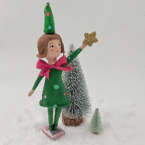 Full body pic of spun cotton Christmas tree girl ornament. Pic 5 of 8.