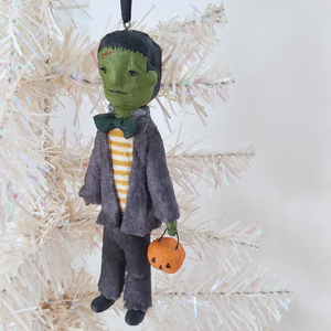 Spun cotton Frankenstein ornament, hanging from white tree. Pic 3 of 8. 