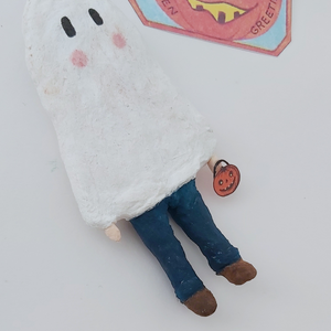 Closer photo of spun cotton ghost boy ornament. Pic 4 of 6. 