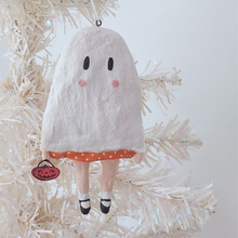 Load image into Gallery viewer, Spun cotton ghost girl ornament, hanging from white tree. Pic 3 of 6.
