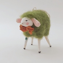 Cargar imagen en el visor de la galería, Close up of spun cotton green sheep&#39;s face and orange bow tie. Pic 4 of 6. 

