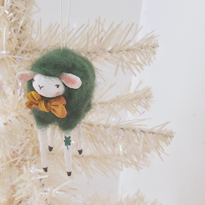 Spun cotton dark green wool sheep, hanging on white tree. Pic 4 of 5.