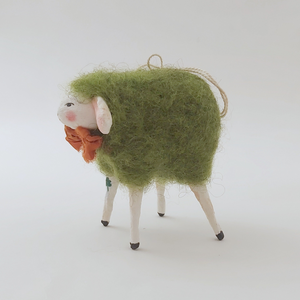Side view of spun cotton green sheep ornament. Pic 6 of 6. 