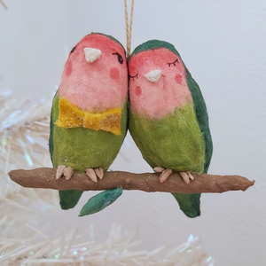 Close up view of front of spun cotton lovebirds ornament. Pic 4 of 6. 