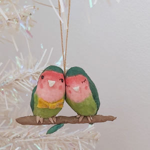 Spun cotton lovebirds ornament, hanging from tree. Pic 1 of 6. 