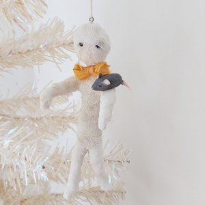Spun cotton mummy and mouse ornament, hanging on white tree. Pic 2 of 8. 