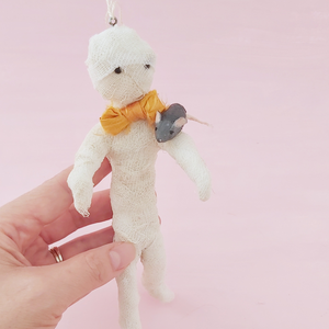 Spun cotton mummy and mouse ornament, held in hand for size comparison. Pic 5 of 8. 