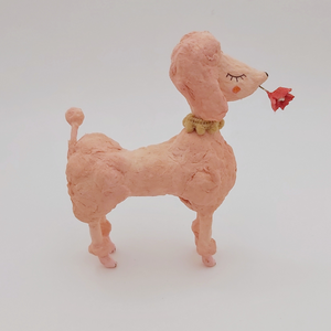 Right side view of spun cotton pink poodle sculpture. Pic 5 of 7. 