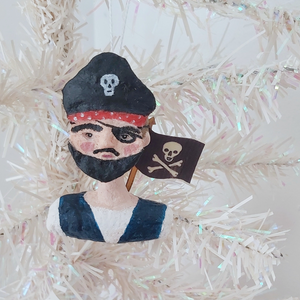 Spun cotton pirate boy ornament, hanging on tree. Pic 3 of 7. 
