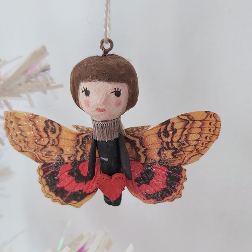 Spun cotton Valentine's Day butterfly girl, hanging from tree. Pic 1 of 4. 