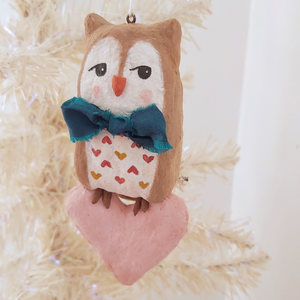 Spun cotton Valentine's Day owl, hanging on tree. Pic 1 of 6. 